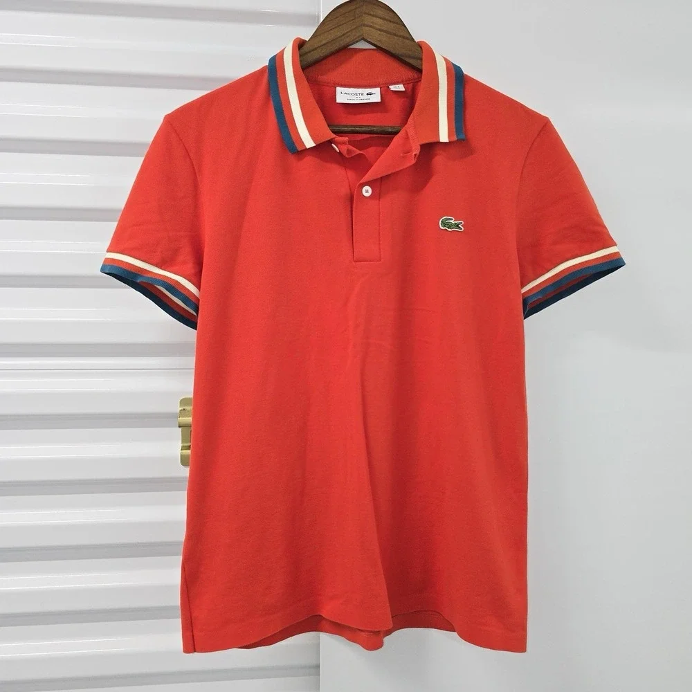 Lacoste Made In France Polo Shirt Mens Small Orange Stripe Trim Croc Logo